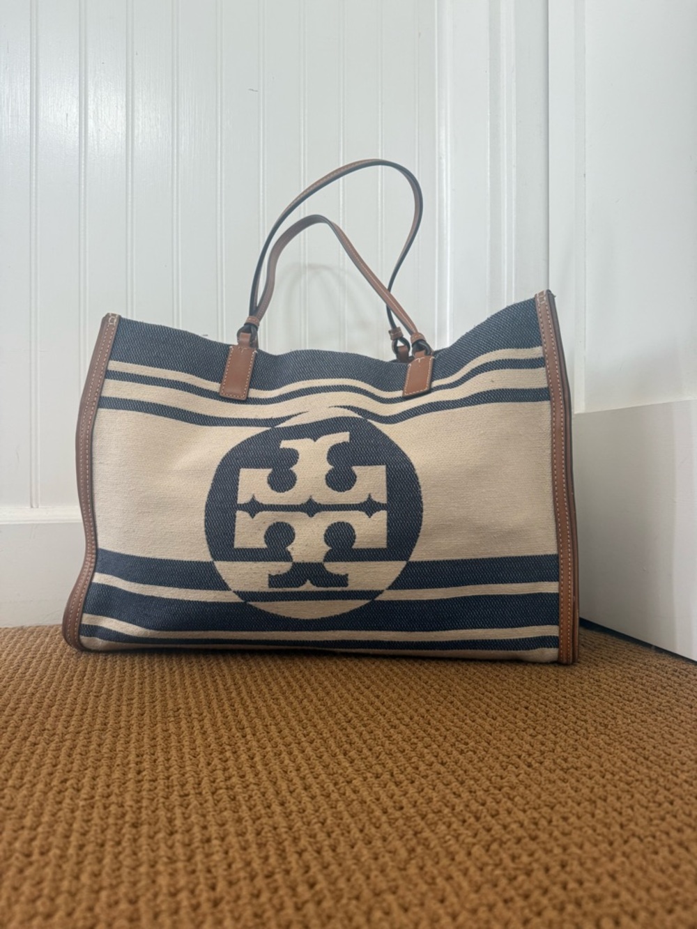 Tory Burch Navy, Cream and Brown Canvas Tote